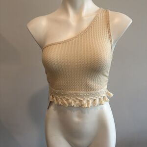 Boho 70s-inspired Coastal Cowgirl One-shoulder Tassel Trim Crop Tank NWT Sm